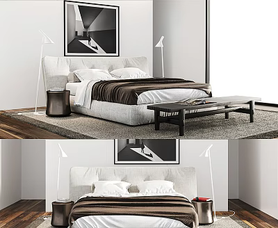 Modern Double Bed Interior Design With Floor Lamp Wall Art And Soft Rug 3d model