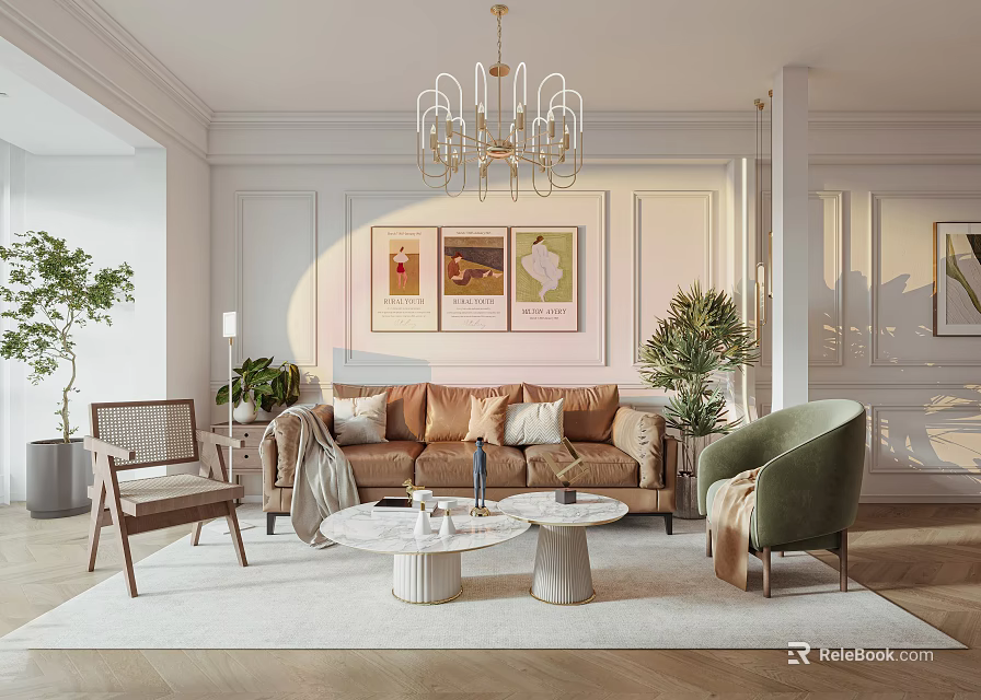Elegant Modern Living Room Interior With Sofa Coffee Table Chandelier Plants And Wall Art 3d model 