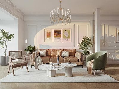 Elegant Modern Living Room Interior With Sofa Coffee Table Chandelier Plants And Wall Art 3d model