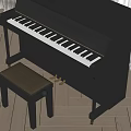 Classic Black Upright Piano Musical Instrument With Leather Bench On Wooden Floor And Curtains