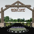 Wooden Entrance Gate of Notre Camp with Welcome Sign Surrounded by Greenery and Tents