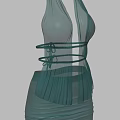 Green Halter Neck Dress with Sheer Mesh Tie Waist and Pleated Skirt Design