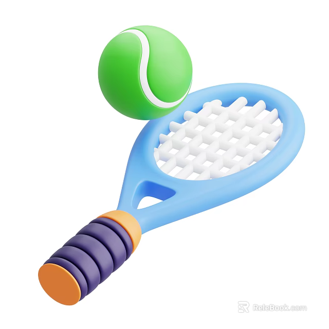 Colorful Tennis Racket With Purple Orange Handle And White Mesh Surface And Green Tennis Ball 3d model 