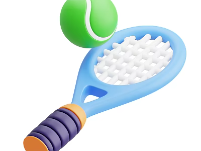 Colorful Tennis Racket With Purple Orange Handle And White Mesh Surface And Green Tennis Ball 3d model