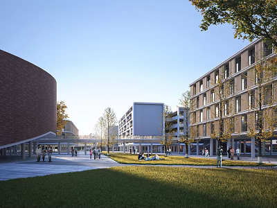 Modern School Buildings With Red Brick Exteriors Campus Square Green Lawns And Students Gathering 3d model