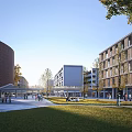 Modern School Buildings With Red Brick Exteriors Campus Square Green Lawns And Students Gathering