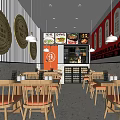 Cozy Restaurant Interior With Red Walls Golden Circular Decorations Orange Chairs Order Counter And Menu Posters