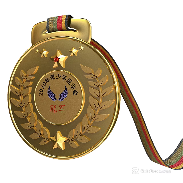 2024 Youth Sports Association Champion Gold Medal Featuring Stars Wings Laurel Leaves and Red Striped Ribbon 3d model 