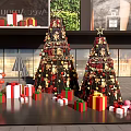 Festive Christmas Trees With Decorations And Gift Boxes In Store
