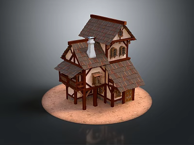 Medieval Wooden Building With Brown Roof Multi Level Design Chimney Arched Windows and Sandy Base 3d model
