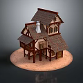 Medieval Wooden Building With Brown Roof Multi Level Design Chimney Arched Windows and Sandy Base