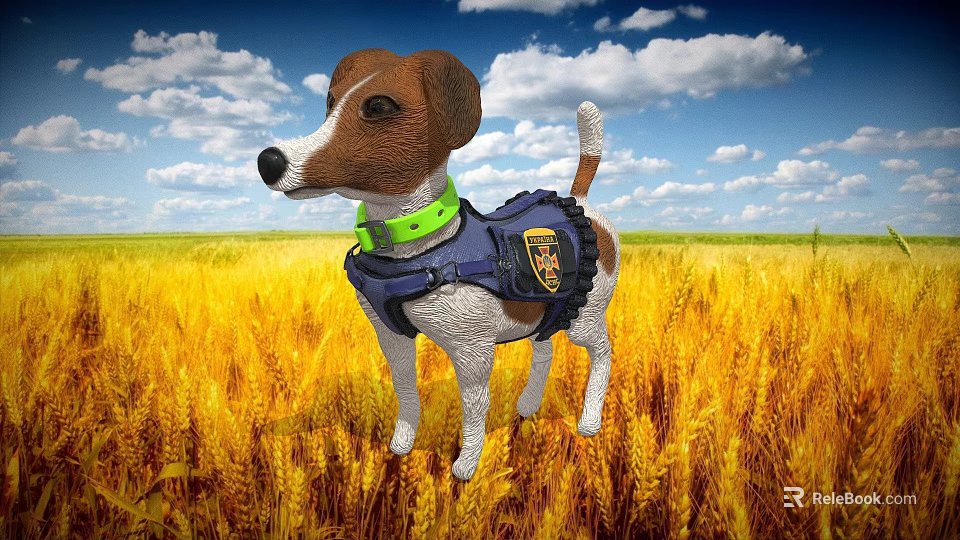Adventurous Game Character Dog In Blue Vest And Green Collar Standing In Wheat Field 3d model 