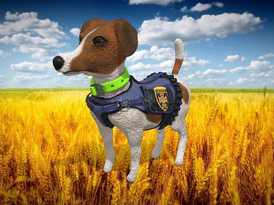 Adventurous Game Character Dog In Blue Vest And Green Collar Standing In Wheat Field 3d model