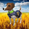 Adventurous Game Character Dog In Blue Vest And Green Collar Standing In Wheat Field