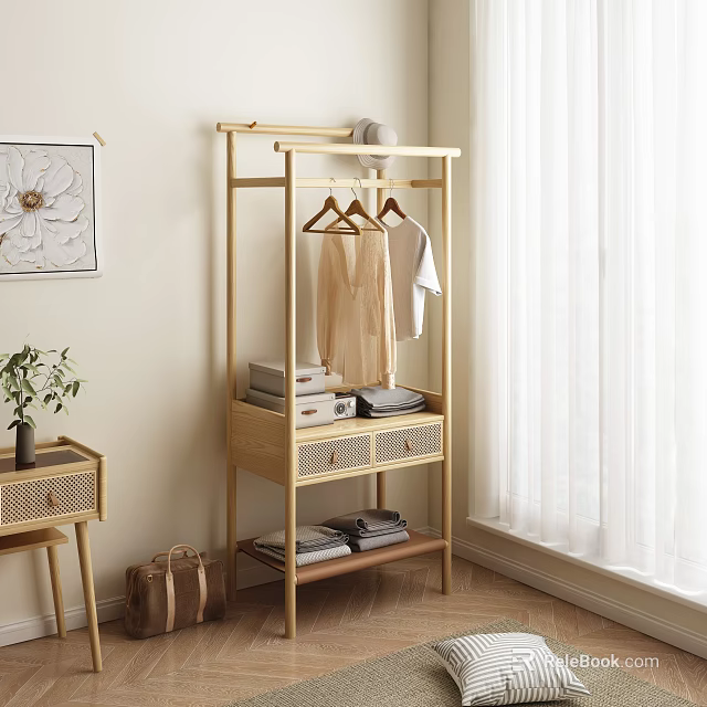 Modern Wooden Storage Rack with Hanging Clothes and Folded Shelves in Cozy Cloakroom 3d model 