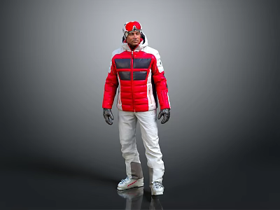 Warm Red And White Ski Jacket With White Snow Pants Hat And Gloves 3d model