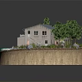 Playful Cartoon Scene With Two Story House Blue Roof Surrounding Trees Water Area And Rocks