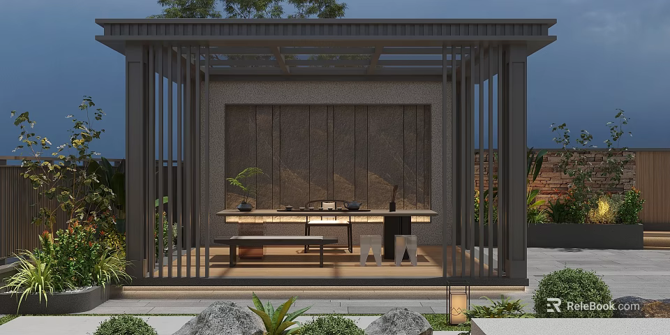Courtyard Garden Design Featuring Wooden Pergola Long Table Chairs Stone Decor And Green Plants 3d model 