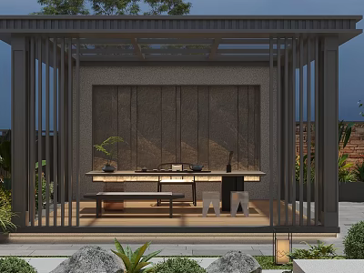 Courtyard Garden Design Featuring Wooden Pergola Long Table Chairs Stone Decor And Green Plants 3d model