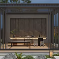 Courtyard Garden Design Featuring Wooden Pergola Long Table Chairs Stone Decor And Green Plants