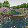 Scenic Waterside Landscape With Water Lilies Cherry Blossom Trees Stone Bridge And Natural Green Surroundings