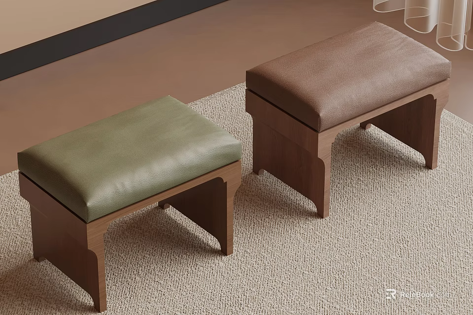 Two Green and Brown Leather Cushioned Stools with Wooden Legs on Carpet 3d model 