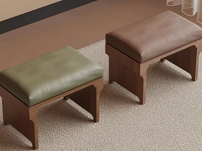 Two Green and Brown Leather Cushioned Stools with Wooden Legs on Carpet 3d model