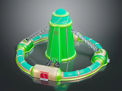Green And Beige Tower With Circular Pathway Metal Stairs And Red Entrance 3d model