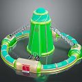 Green And Beige Tower With Circular Pathway Metal Stairs And Red Entrance