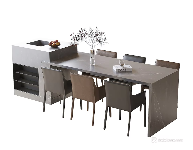 Modern Dining Table And Chairs Set With Matching Sideboard Decorative Vase Books And Fruits 3d model 