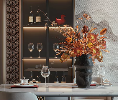 Black Vase with Orange Yellow Decorative Flowers on Dining Table with Wine Glasses Background 3d model
