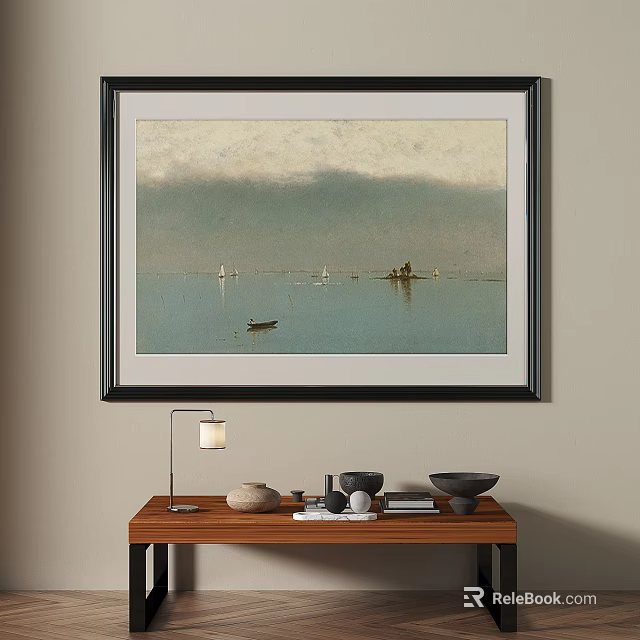 Landscape Painting Featuring Calm Water Small Boats And Distant Landmasses With Soft Gradient Sky 3d model 