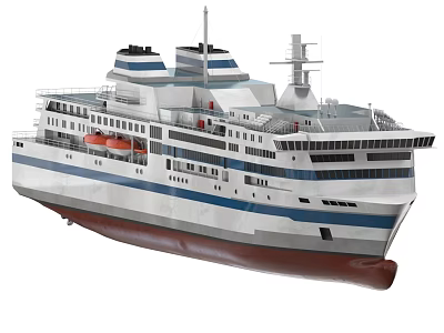 Large Modern Passenger Ship with White Hull Blue Stripes Upper Decks and Lifeboats 3d model