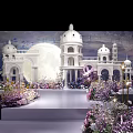 Wedding Stage with White Architectural Decorations Purple Pink Floral Arrangements and Dining Tables