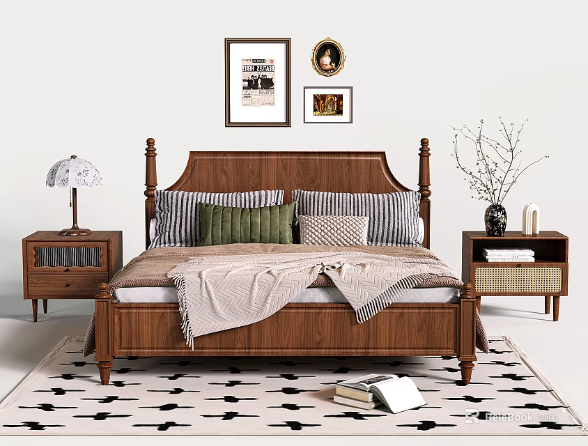 Classic Wooden Double Bed with Pillows Blanket Bedside Tables Lamp Vase and Wall Paintings 3d model 