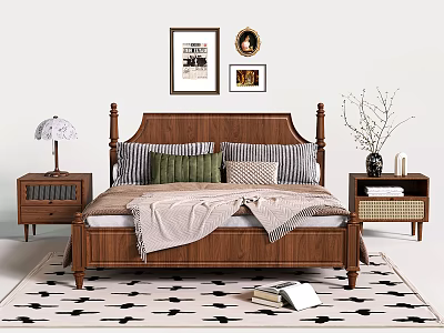 Classic Wooden Double Bed with Pillows Blanket Bedside Tables Lamp Vase and Wall Paintings 3d model