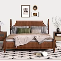 Classic Wooden Double Bed with Pillows Blanket Bedside Tables Lamp Vase and Wall Paintings