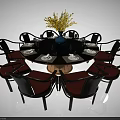 Modern Round Dining Table Set With Black Tabletop Red Seats Silver Frame And Tableware Arrangement 3d model