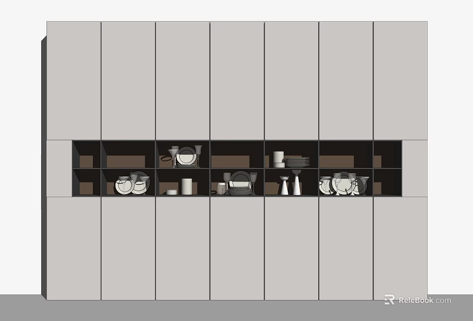 Modern Minimalist Gray Sideboard with Open Storage Shelves and Tableware 3d model