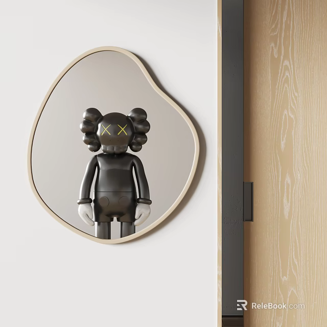 Heart Shaped Mirror Reflecting Black Doll With XX Eyes Against White Wall And Wooden Door 3d model 