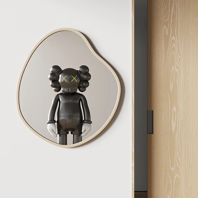 Heart Shaped Mirror Reflecting Black Doll With XX Eyes Against White Wall And Wooden Door 3d model