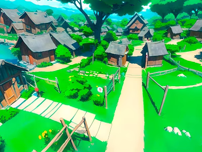 Rural Village Scene With Green Grass Pathway Wooden Cottages Trees And Fences 3d model