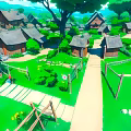 Rural Village Scene With Green Grass Pathway Wooden Cottages Trees And Fences