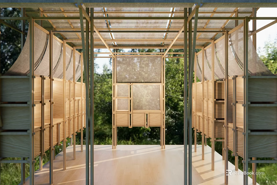 Contemporary Landscape Pavilion With Open Design Wooden Structure Metal Frame Transparent Roof And Surrounding Trees 3d model 