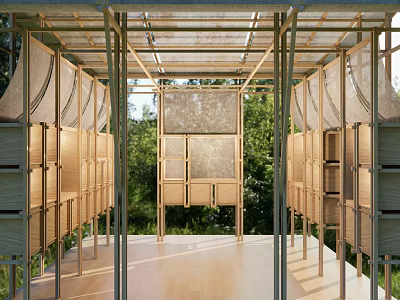 Contemporary Landscape Pavilion With Open Design Wooden Structure Metal Frame Transparent Roof And Surrounding Trees 3d model
