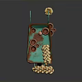 Rusted Turquoise Wheelbarrow Decorative Arrangement With Clay Pots Bagel Bunches And Small Clay Vessels