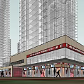 Modern Commercial Street With Tall Buildings Shops And Pedestrian Area