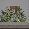 Indoor Bonsai Plants In White Planter With Green Foliage Stones Small Ornaments And Abstract Painting