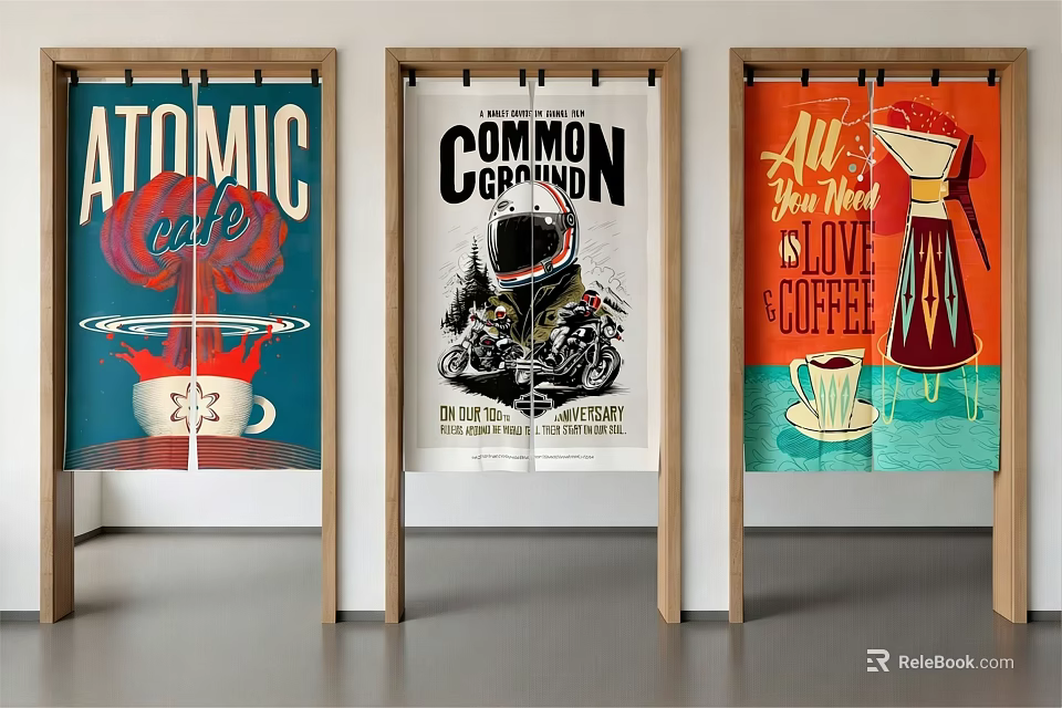 Decorative Curtains with Vintage Posters Coffee Themes and Motorcycle Design in Wooden Frames 3d model 