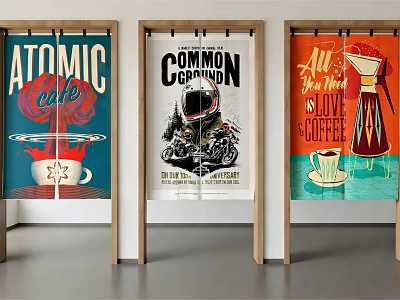Decorative Curtains with Vintage Posters Coffee Themes and Motorcycle Design in Wooden Frames 3d model